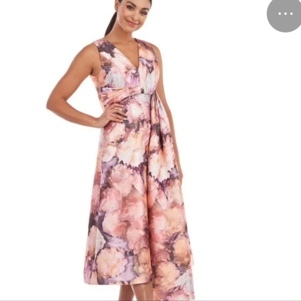 Kay Unger Lani Floral Print Coctail Midi Dress Womens